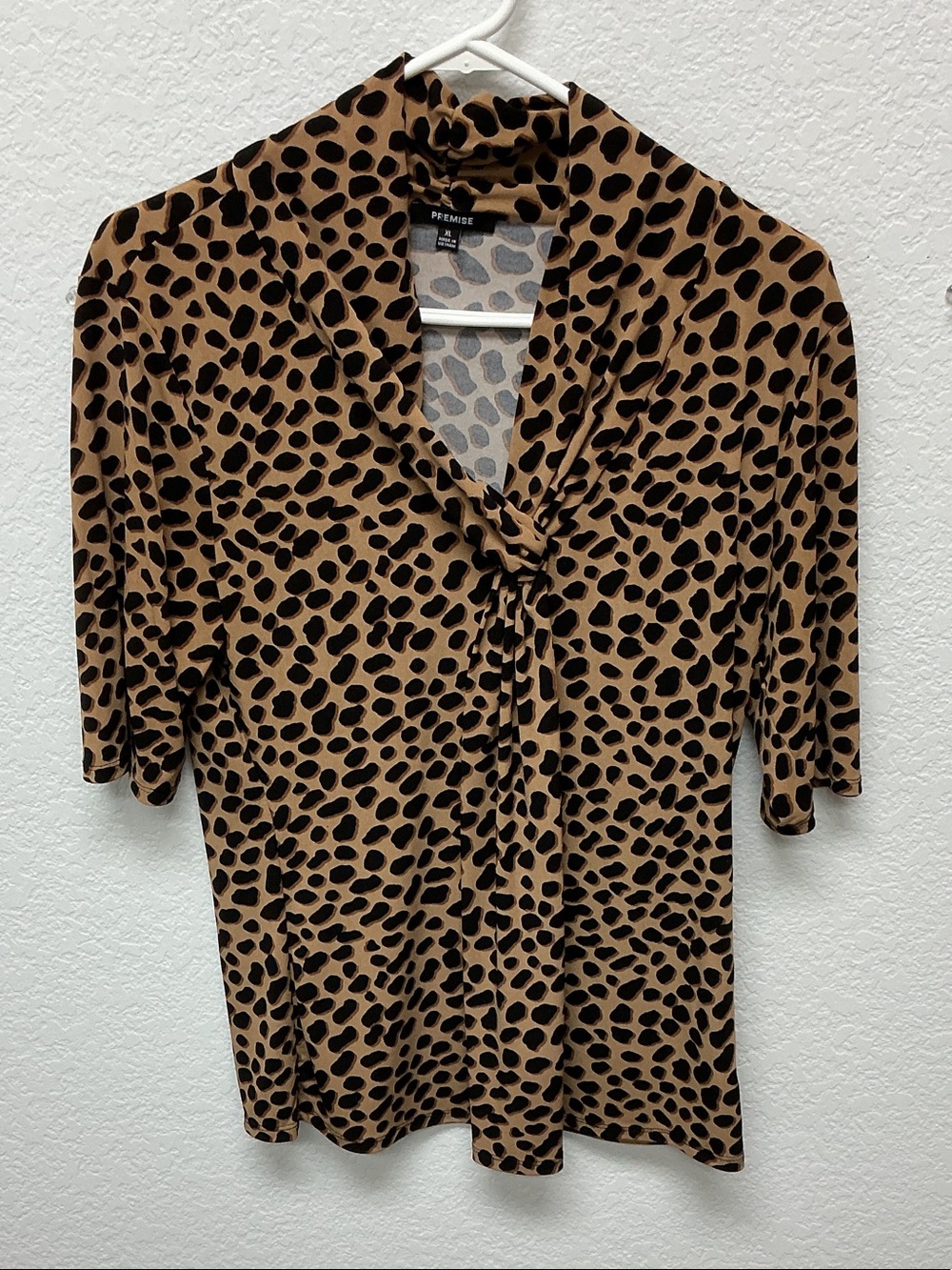 Premise Tan and Black Leopard-Print Tie Neck Blouse